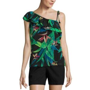 ANA Tropical Birds of Paradise one shoulder ruffle top